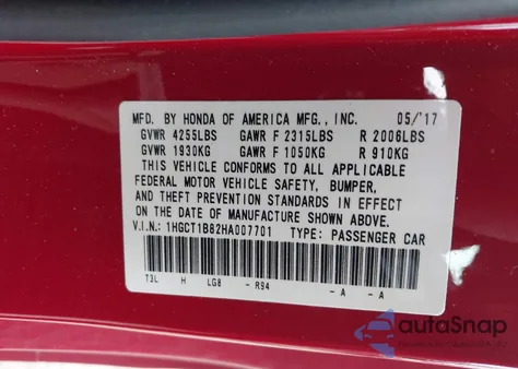 2017 Honda Accord Ex-L from USA, damaged, VIN 1HGCT1B82HA007701